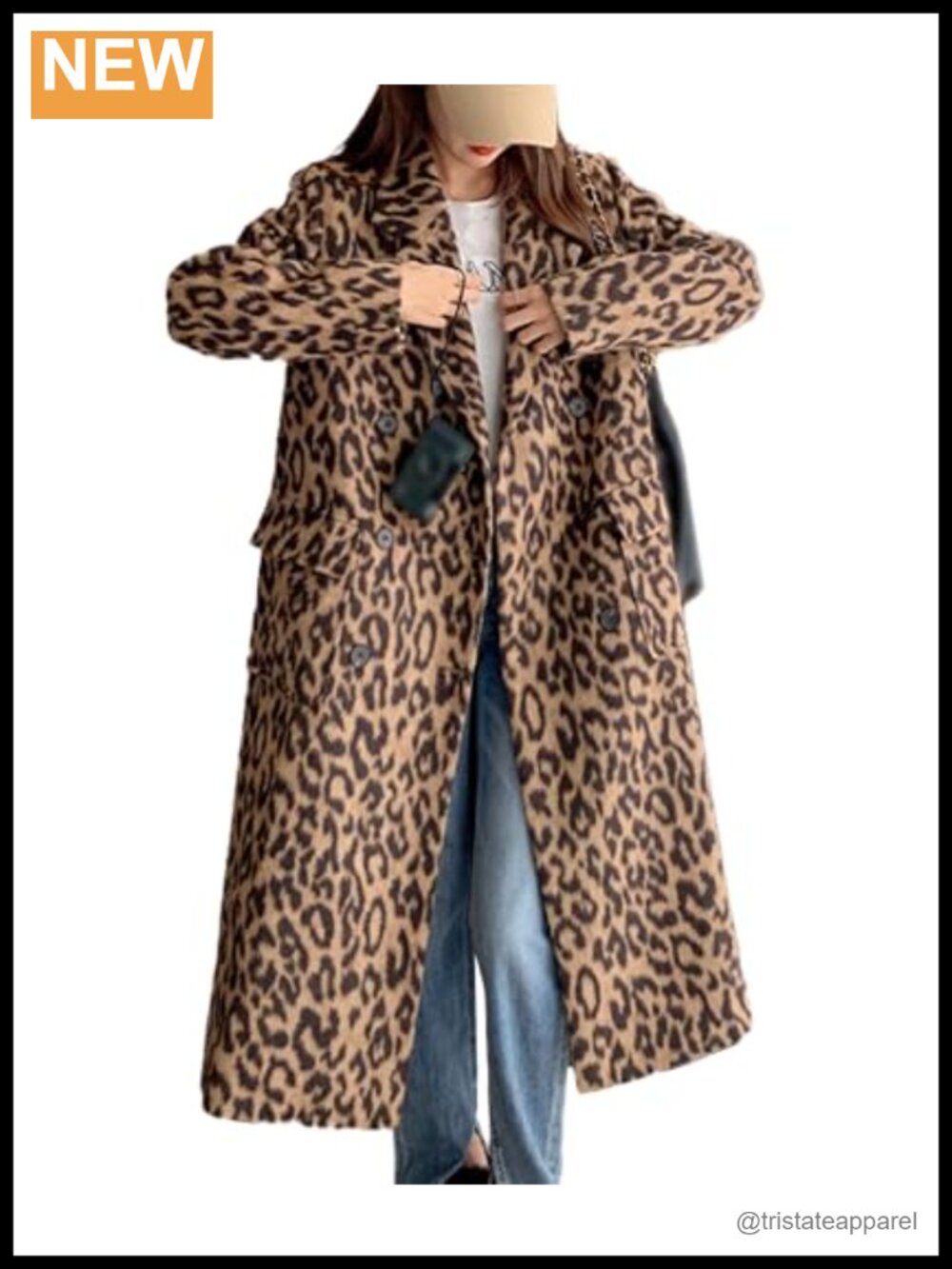 Women's Wool Blend Double Breasted Leopard Print Long Pea Coat